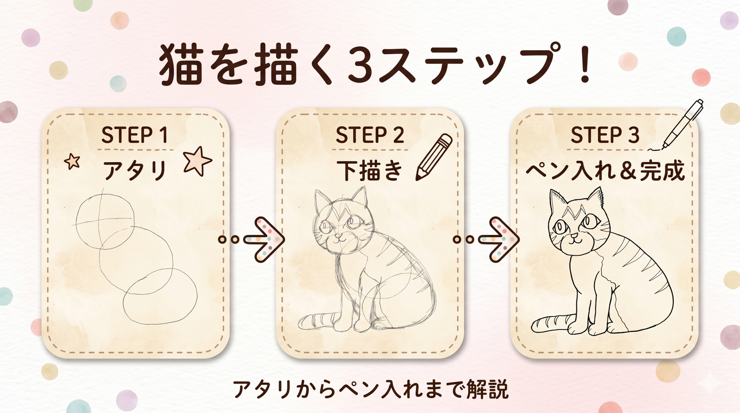 猫の絵】簡単3ステップで30分｜丸を使って初心者さんも描ける