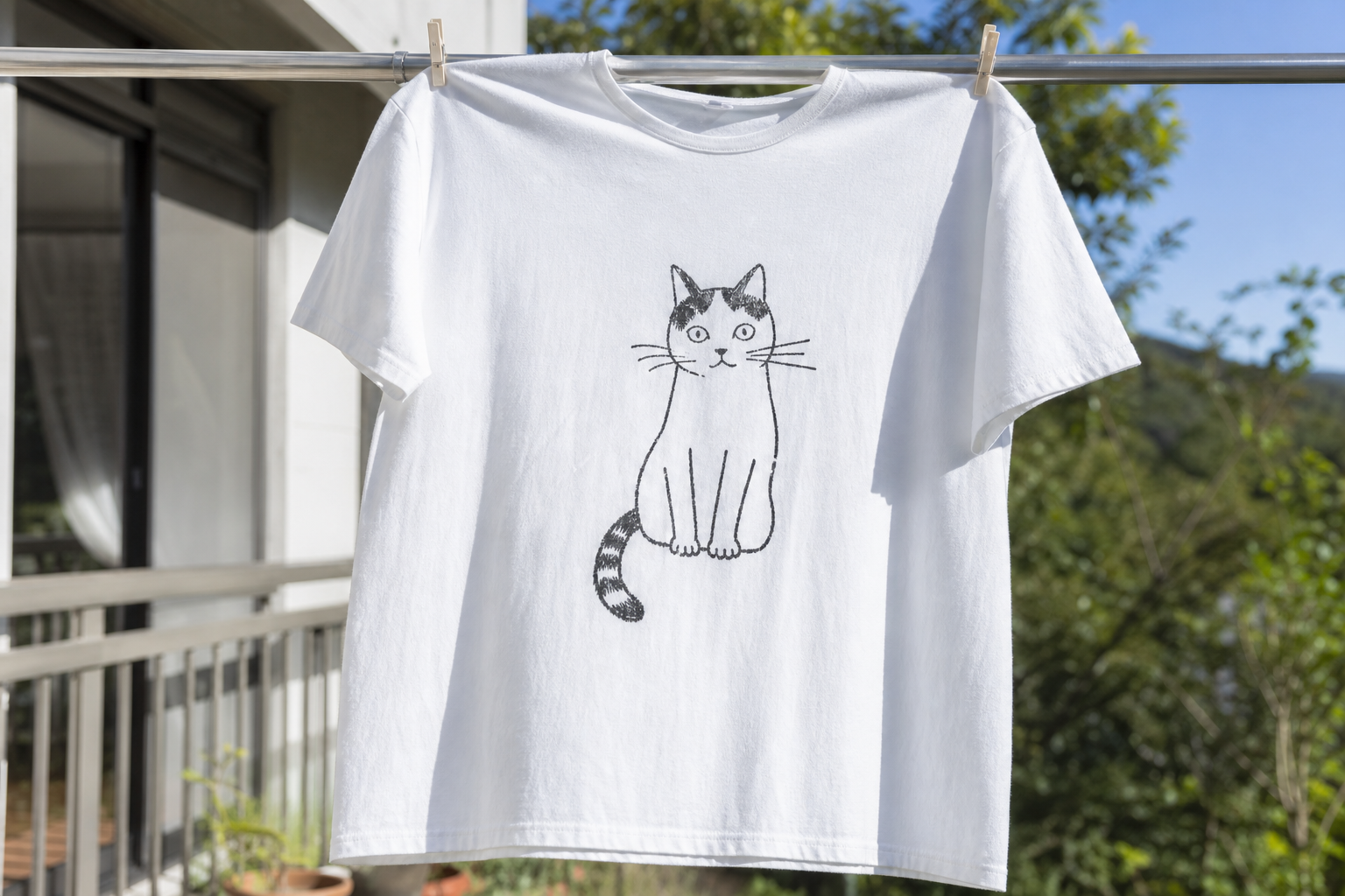 自作イラスト入りの白地のTシャツを洗濯して干している。猫のイラストが描かれている。主役はTシャツ。