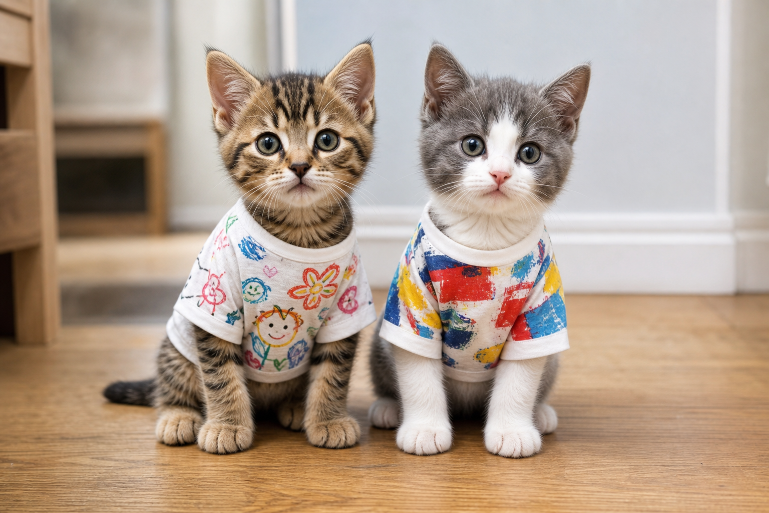 手描きイラストの描かれたTシャツを着た子猫、アクリル絵の具抽象画アートが描かれたTシャツを着た子猫、二匹が仲良く並んでいる。