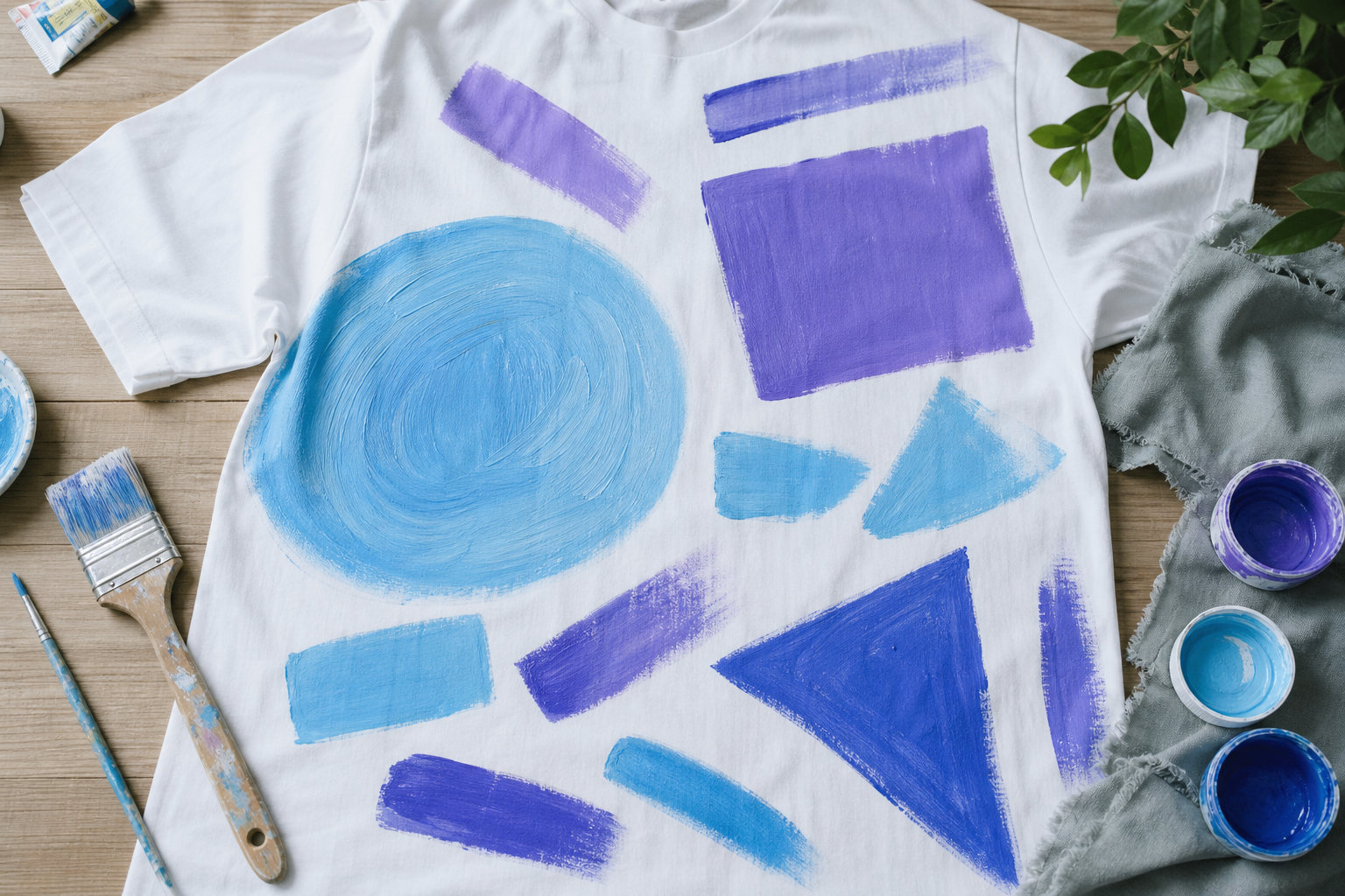 白いTシャツにアクリル絵の具で丸や三角、四角で大胆に大きな筆でデザインをしている。色は水色、青、紫で統一感がある。主役はTシャツ。