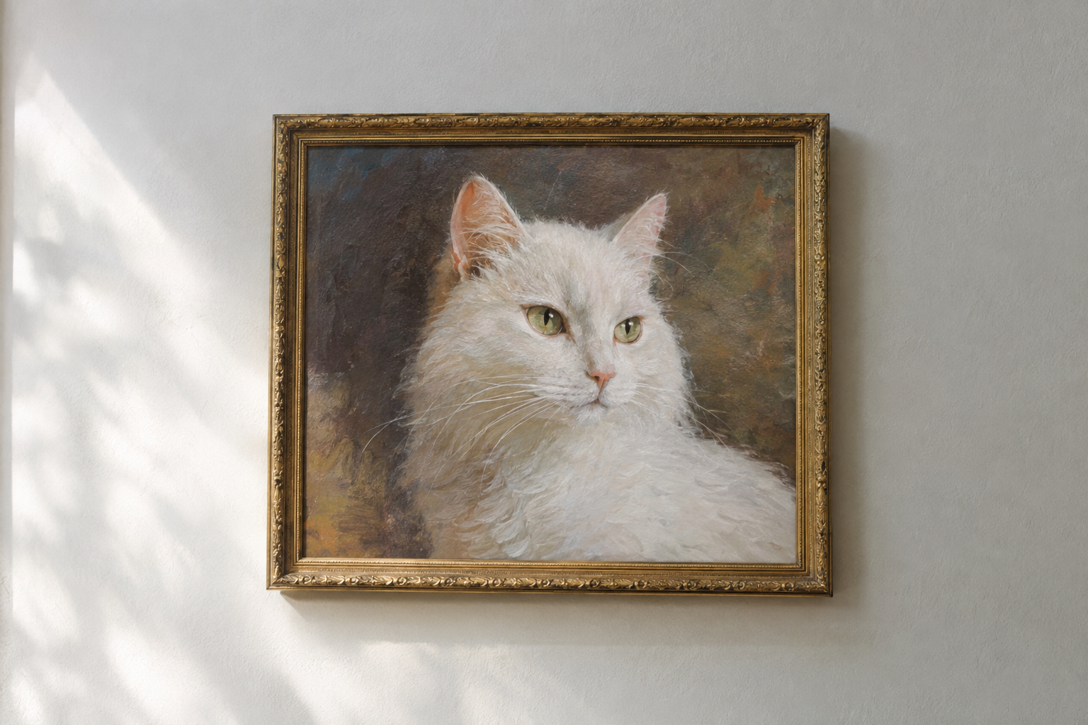 壁に飾られた猫の肖像画。油絵で描かれた白猫の肖像画。