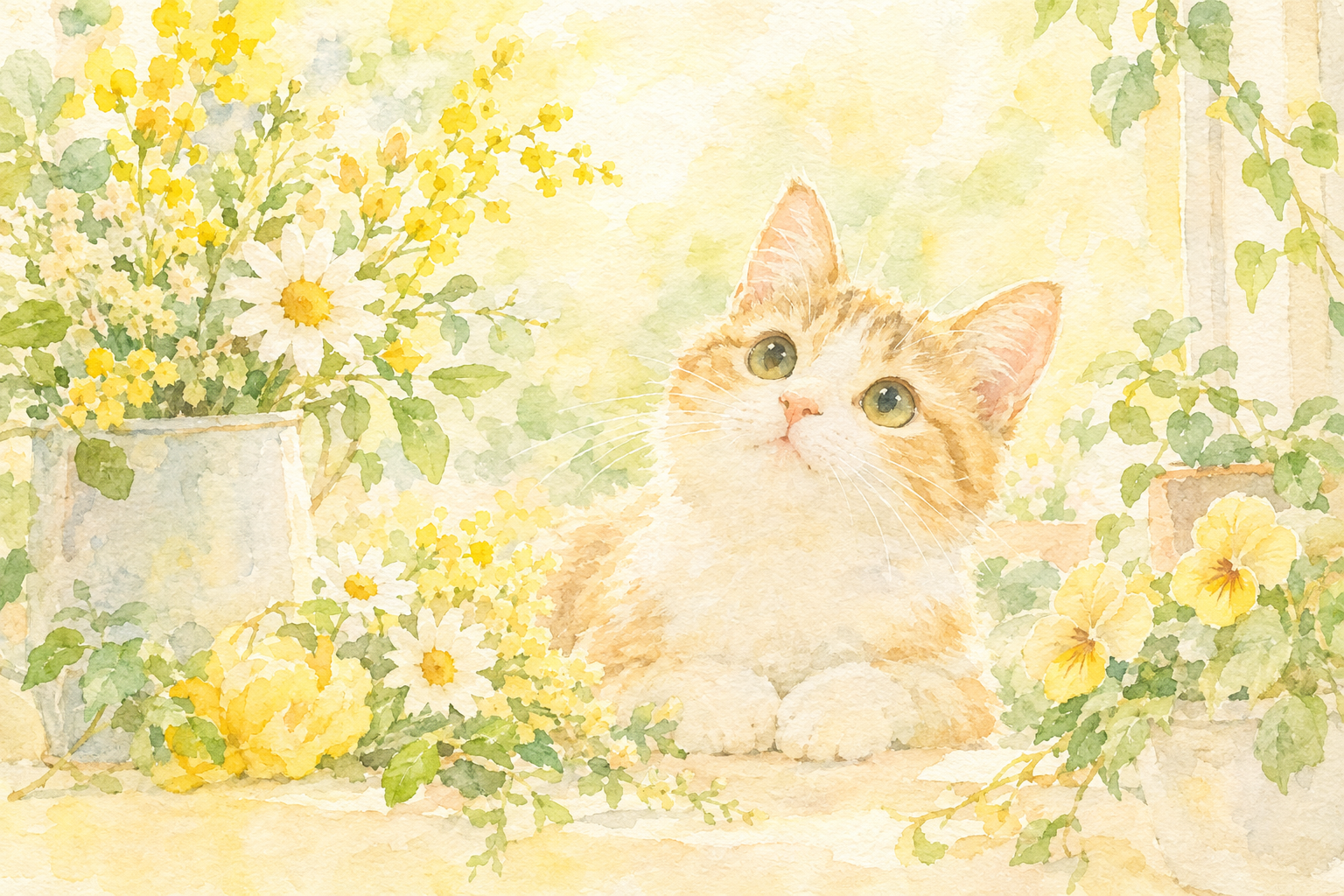 お花や植物と一緒に描かれた猫の絵、パッと空間が明るくなる小さな絵 パステルイエロー、淡いグリーン、温かみのあるクリーム色