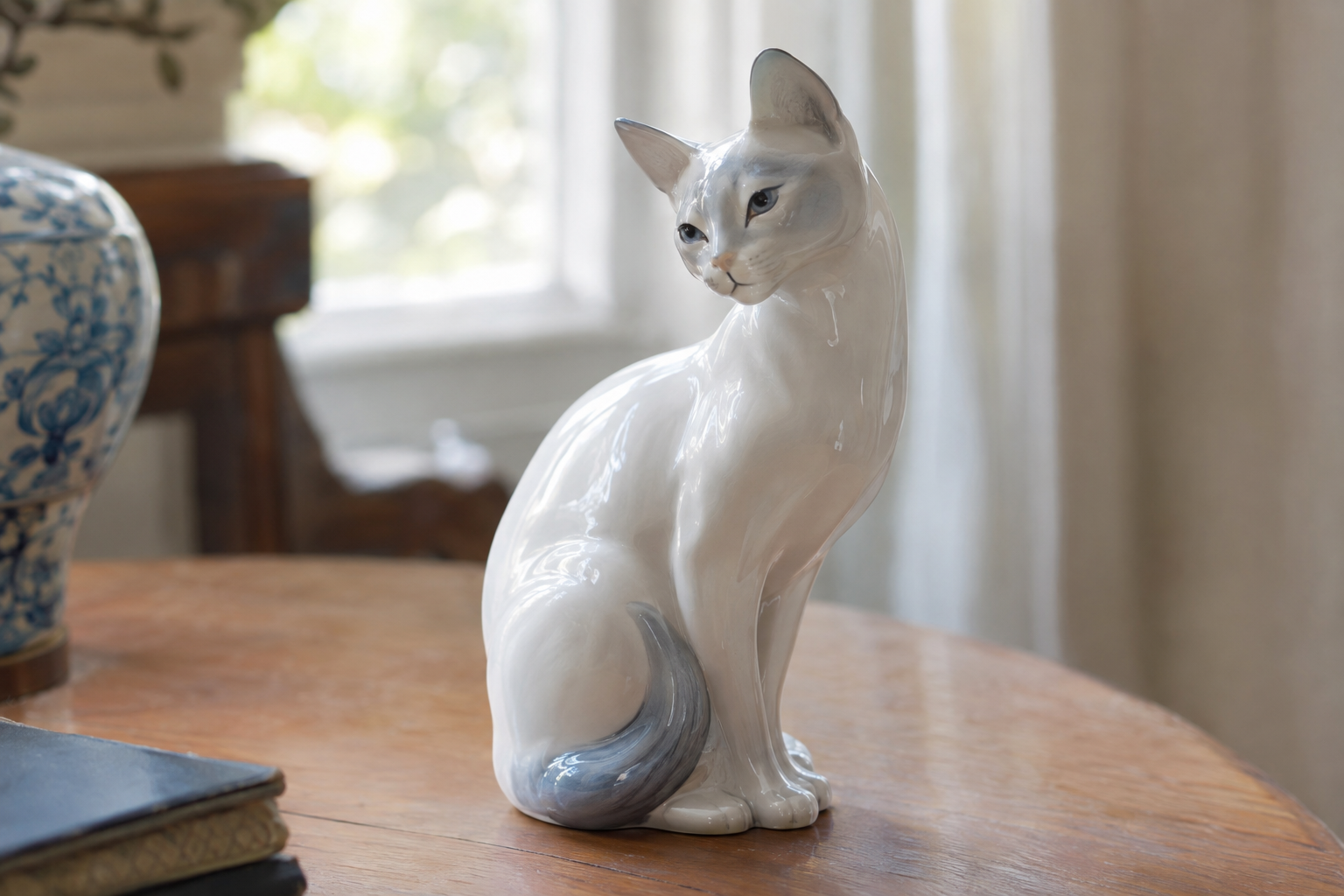 マイセン（ドイツ）やロイヤルコペンハーゲン（デンマーク）などの名窯で作られたような猫の置物（フィギュリン）。優雅でしなやかなもの。
