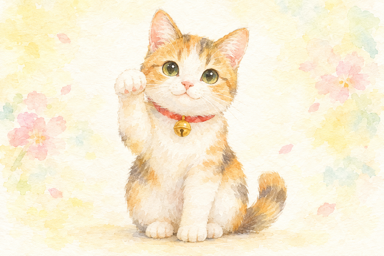 招き猫ポーズや、前を向いて座っている猫の絵。明るい背景（白、アイボリー、淡い黄色やパステルカラー）。