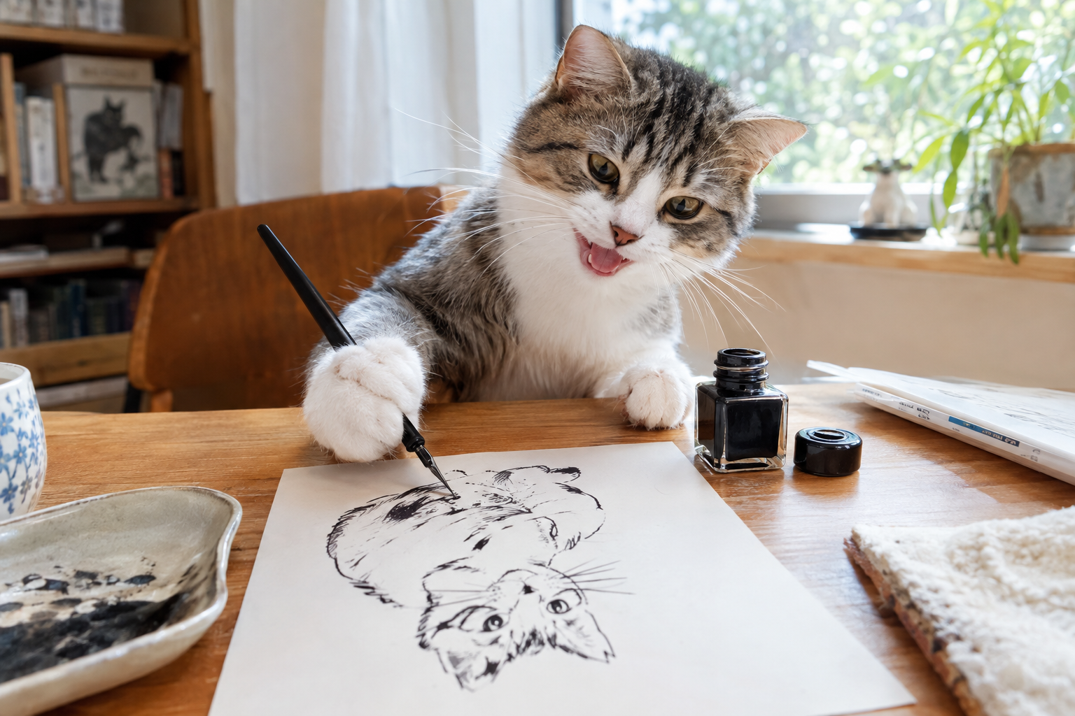 猫がつけペンとインクを使って猫の絵を描いている。楽しそう！！