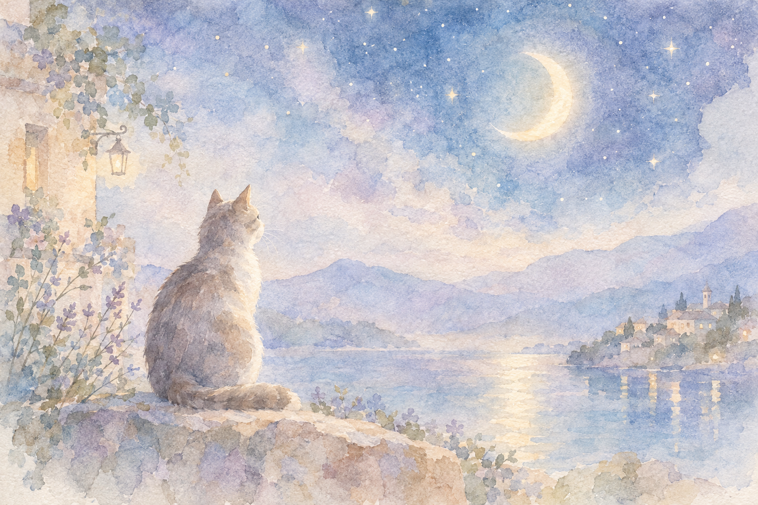 静かに佇む猫、優しいパステルカラーや月夜・星空などを背景にした落ち着いた絵 淡いブルーやラベンダー、ベージュ、オフホワイトなどの鎮静効果のある色合い