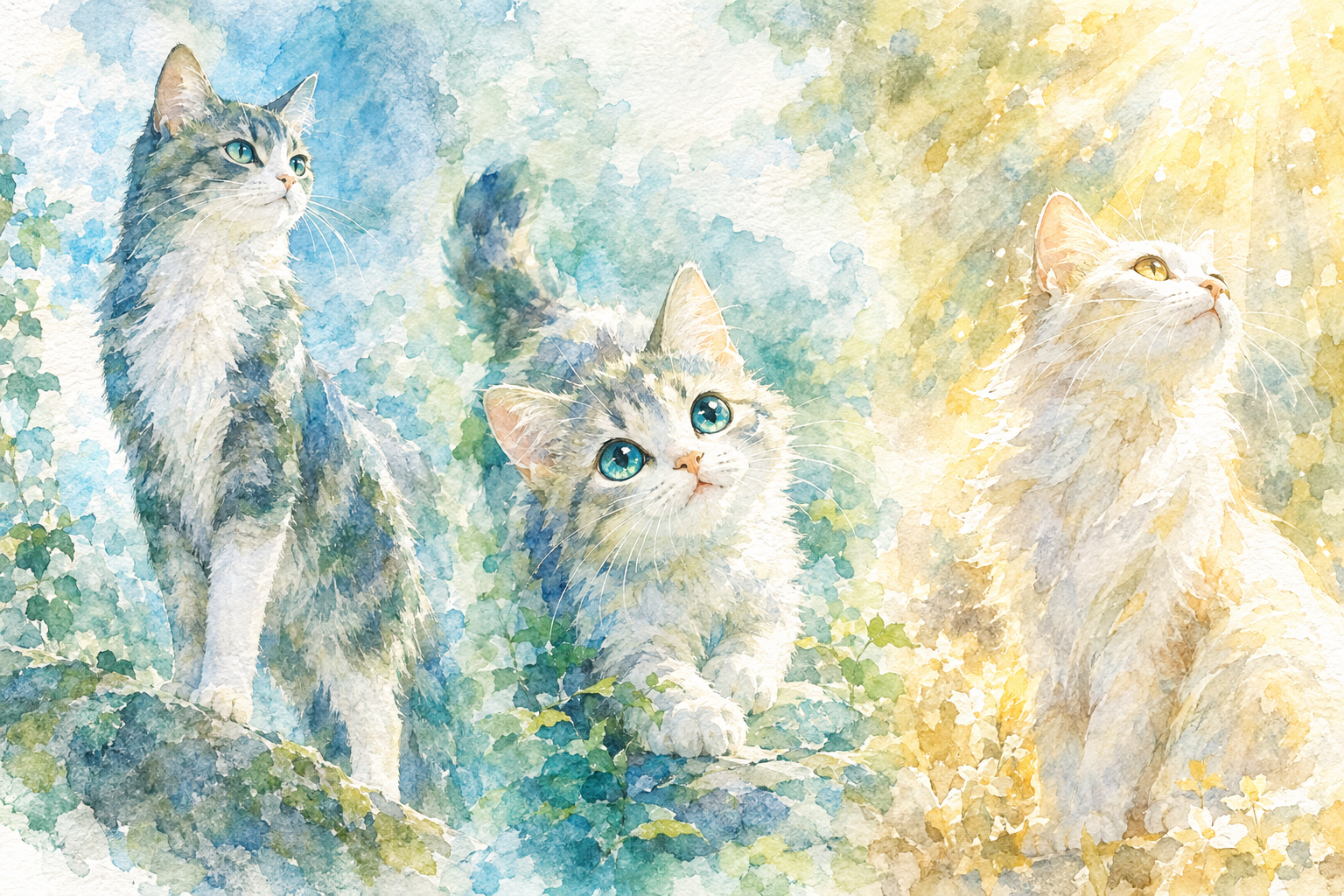 凛とした立ち姿の猫、好奇心いっぱいに目を輝かせている猫、光に向かって見上げている猫 ブルー・グリーン系や、ゴールド・シルバー・白