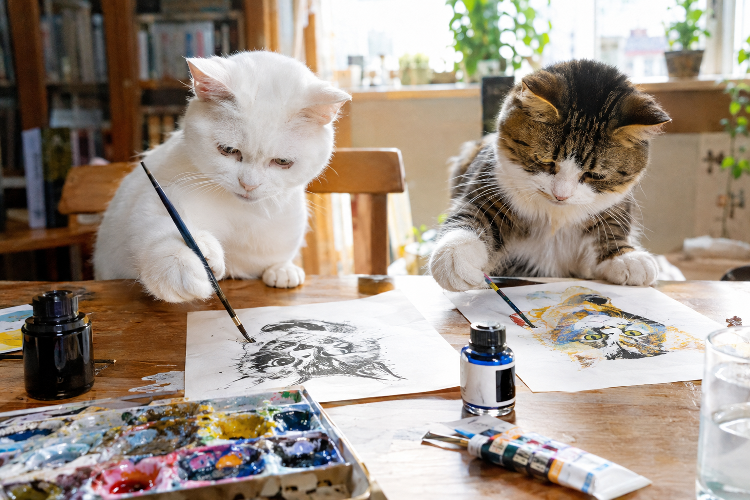 白猫とキジ白猫がつけペンとインクとアクリル絵の具を使って猫の絵を描いている。楽しそう！！