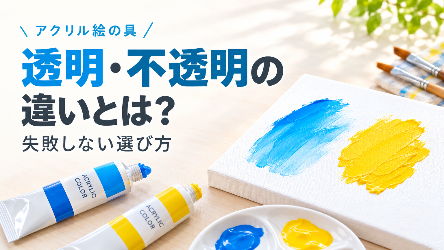 絵の具のチューブと絵の具を出したキャンバス。明るい雰囲気で。