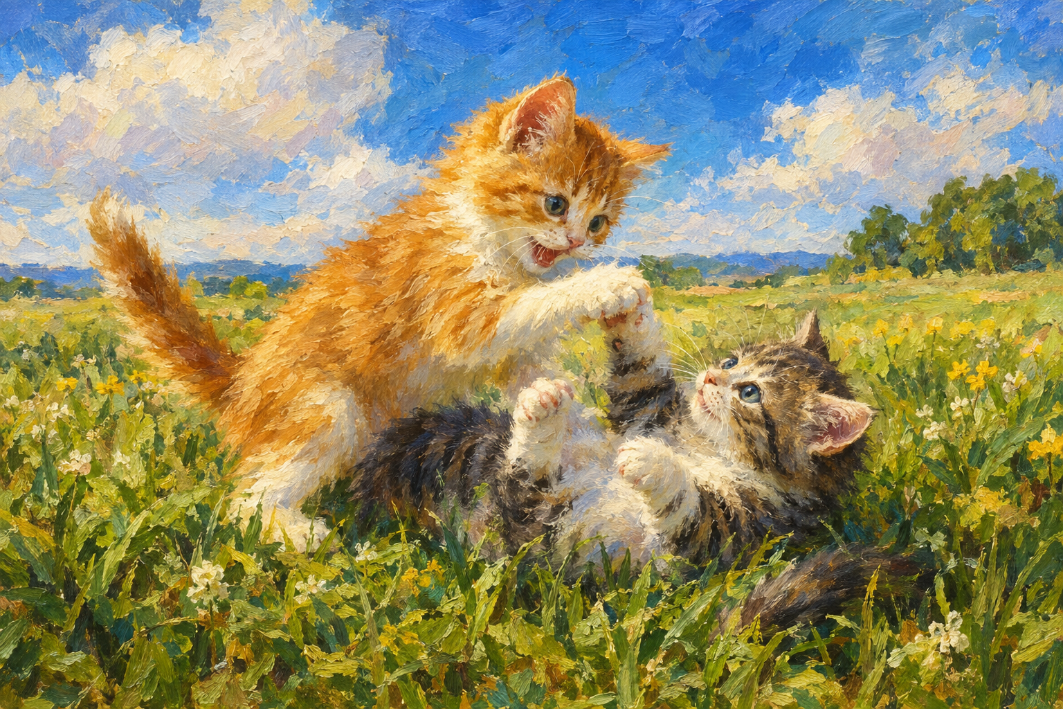 可愛くじゃれあって遊んでいる子猫の絵、背景は青空と草原。