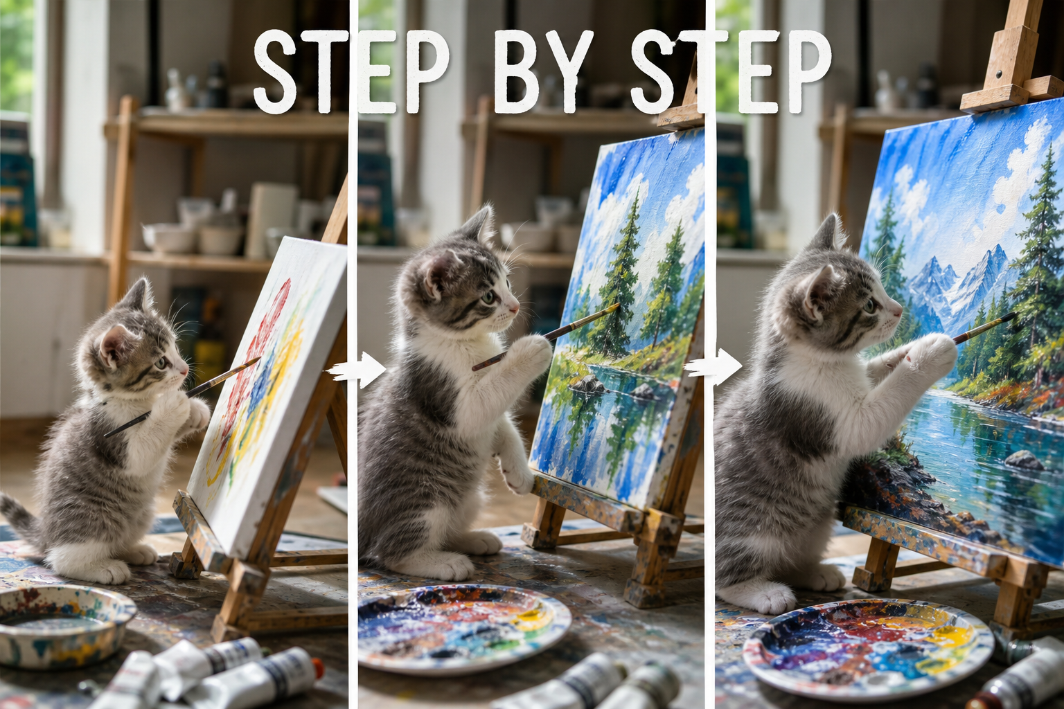 「STEP BY STEP」という文字を入れて、子猫が頑張ってアクリル画を描く様子。三段階で成長していく様子。