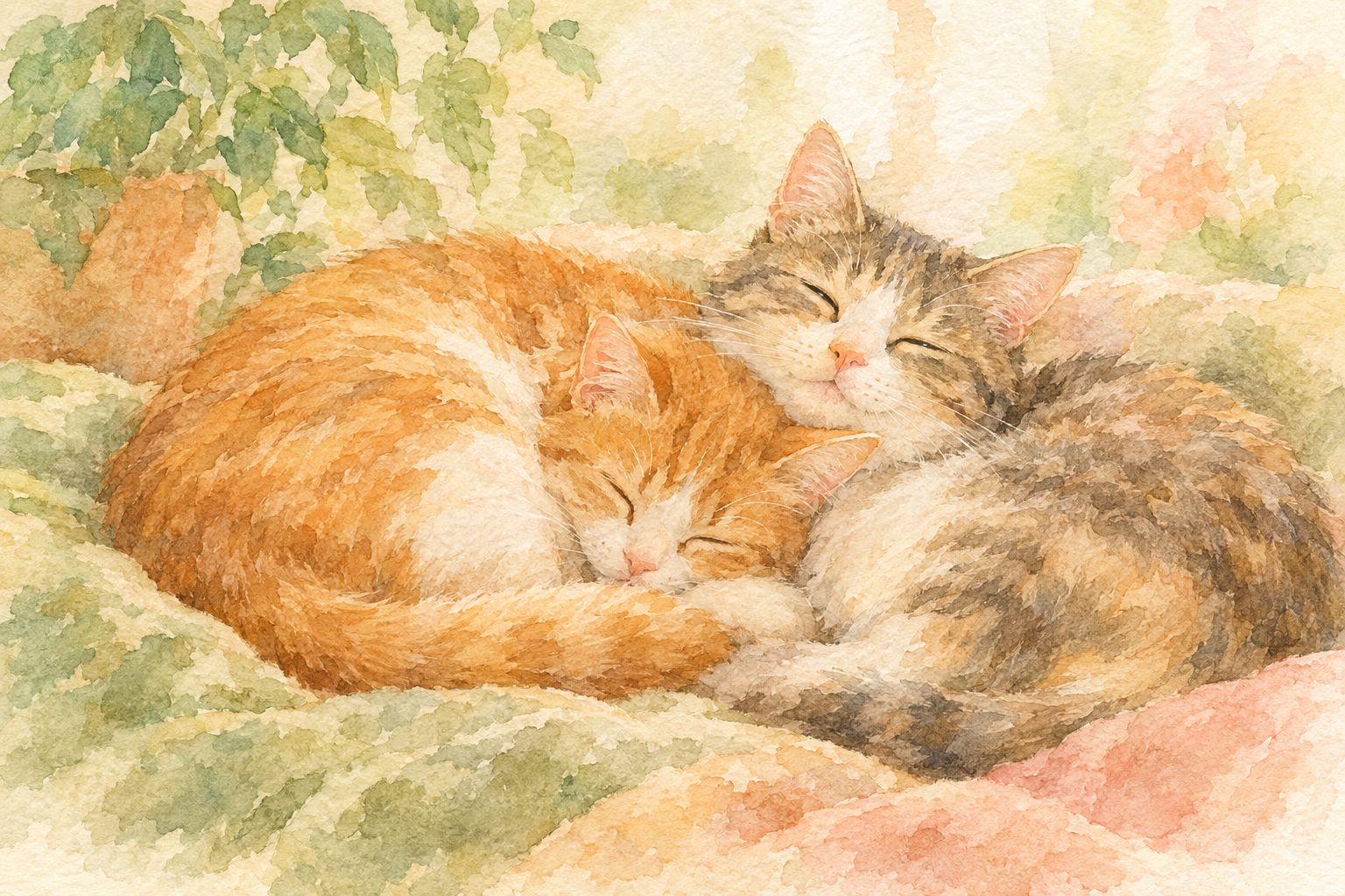 気持ちよさそうに丸まって寝ている猫や、穏やかな表情の猫。2匹が仲良く寄り添っている姿（ペアの猫） 温かみのあるアースカラー（グリーン系、ベージュ・オレンジ・淡いピンク系）