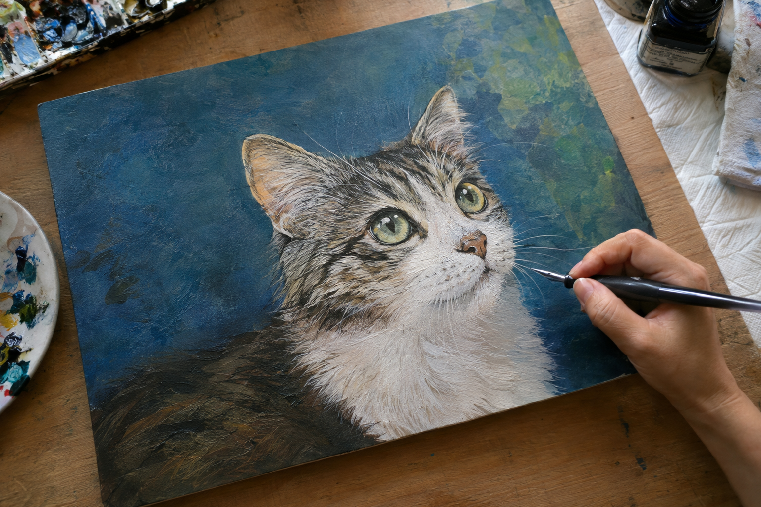 アクリル絵の具で背景と猫のベースを描いた後に、つけペンで毛並みや目を描き込んだ絵。