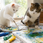 白猫とキジ白猫の２匹がジェッソとアクリル絵の具を混ぜて、それをキャンバスに塗っている。楽しそう。