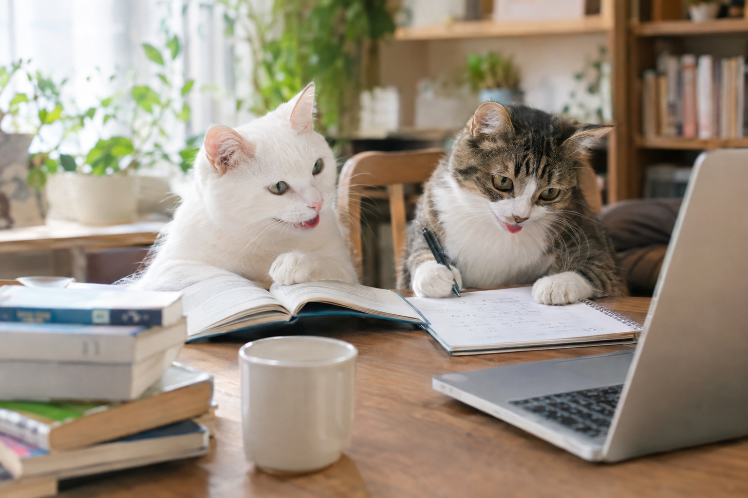 白猫とキジ白猫が本とノート、パソコンを使って勉強中。楽しそう！