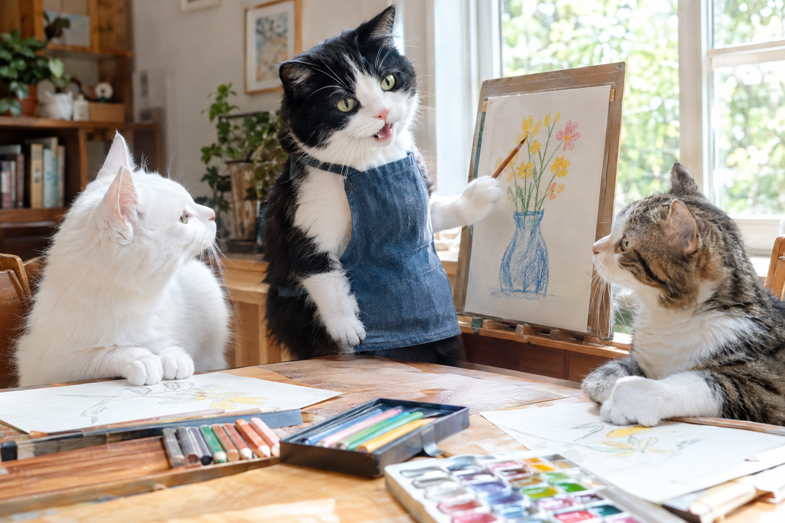 ハチワレ猫の先生が絵を教えています。白猫とキジ白猫の生徒がいます。楽しそう！