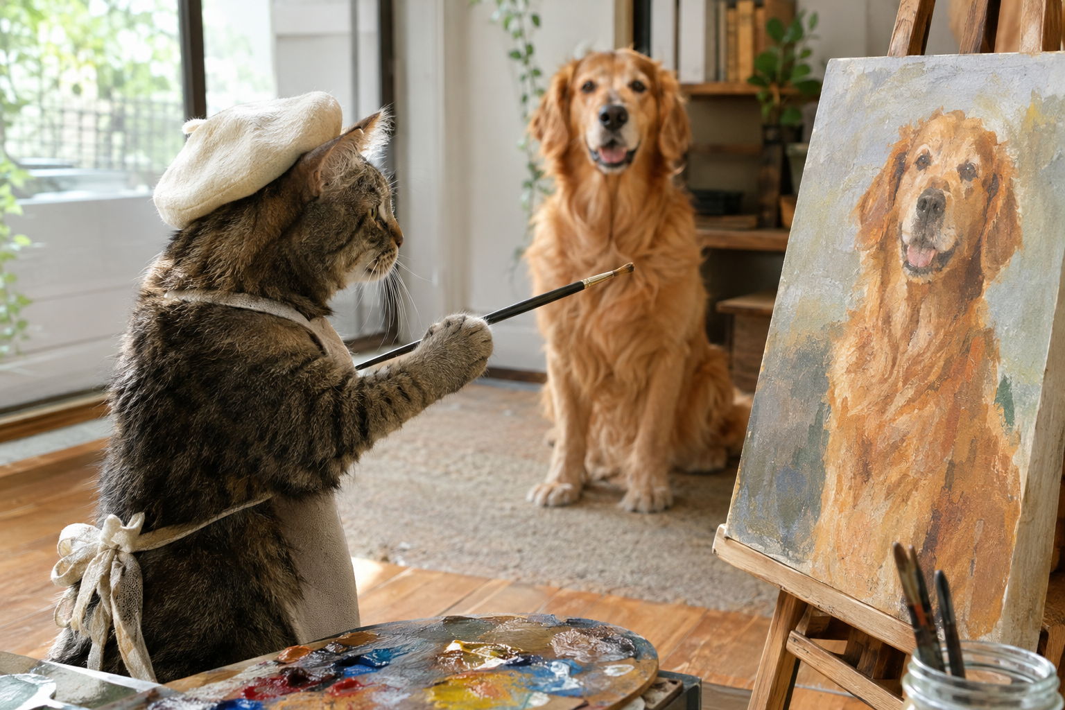 猫の画家が犬の絵を描いている。モデルの犬は座っている。猫は筆を前にかかげて犬を観察している。