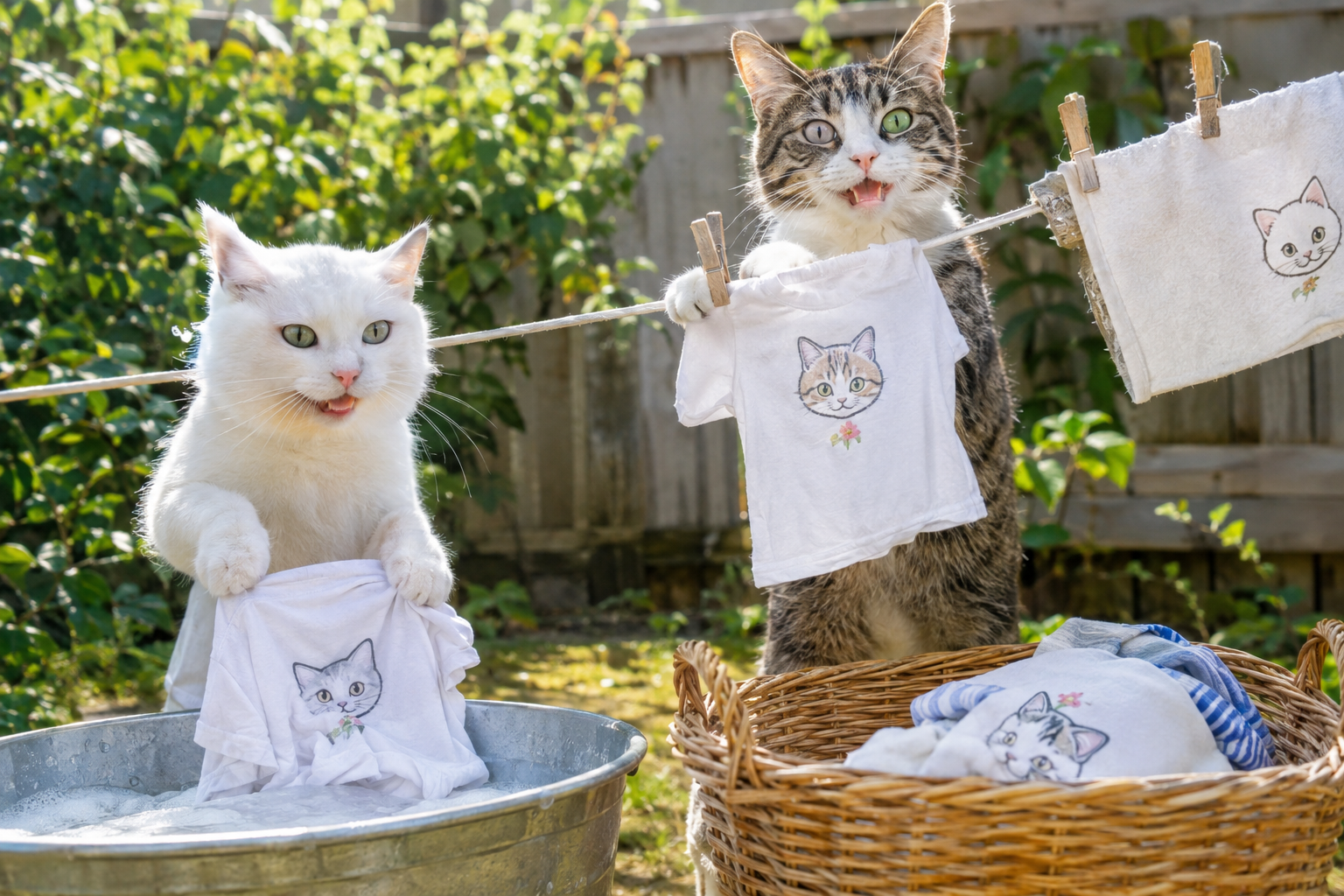 白猫とキジ白猫が絵の描かれたTシャツやハンカチを洗濯して干している。楽しそう！